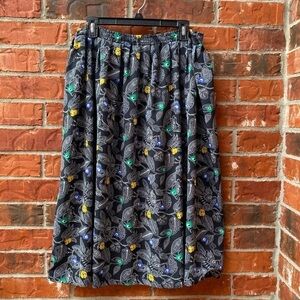 Vintage Womens 12 Black Floral Paisley Pleated Midi Prairie Long Skirt